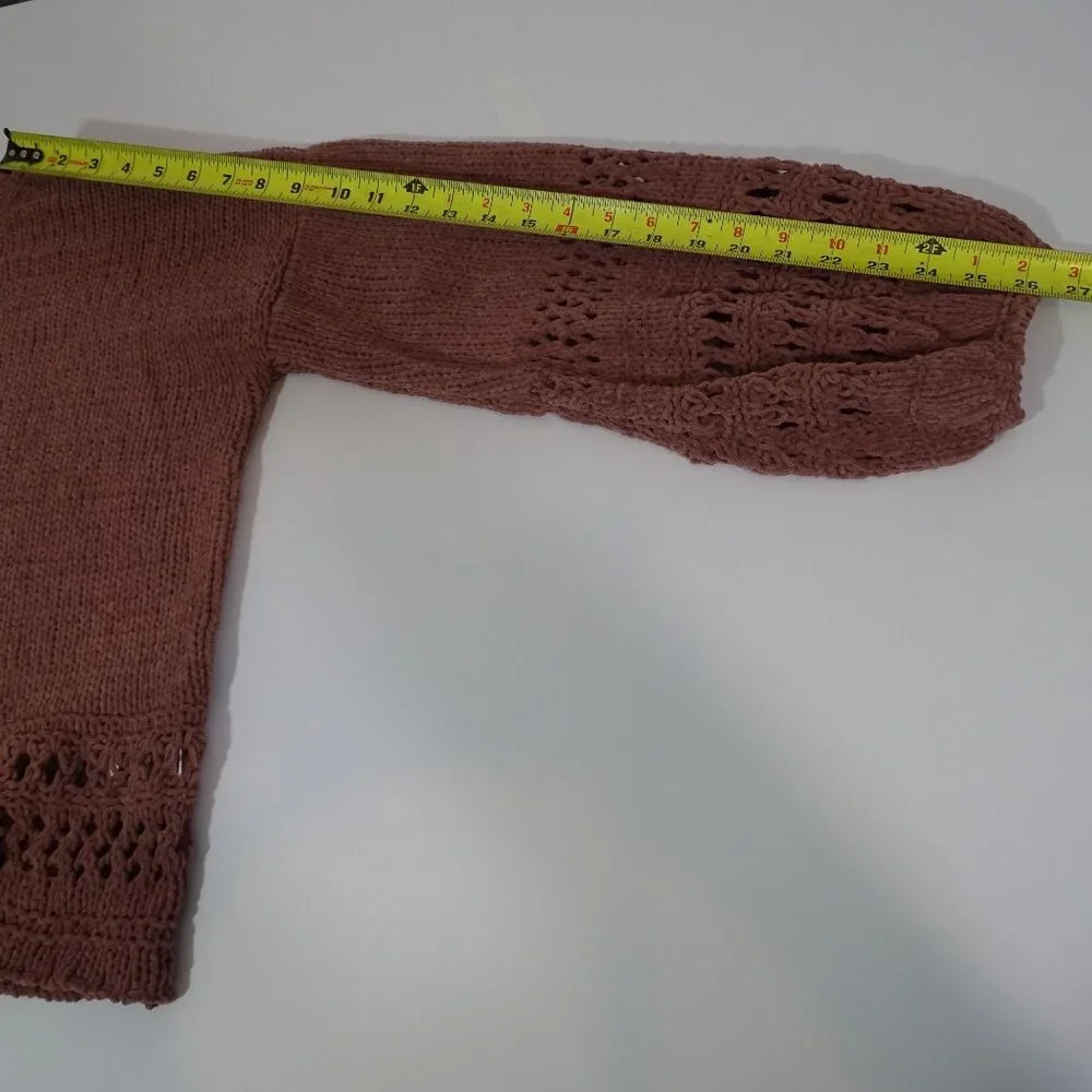Cupio Mauve Pink Knit Sweater Womens Size XL Balloon Sleeve Open Knit Detail